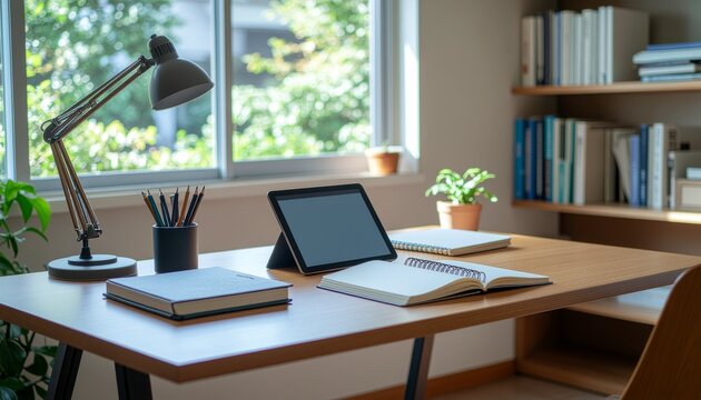 窓辺の自然光が心地いい学習デスク（タブレットとノート）