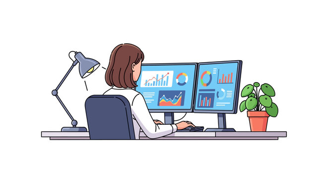 Focused Professional Working at Dual Monitor Desk