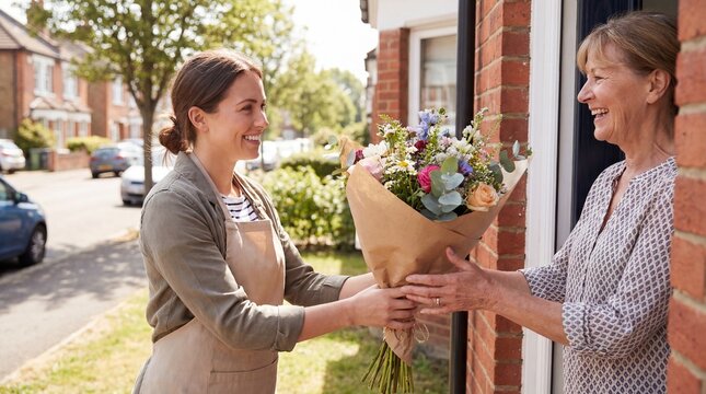 Smiling florist delivering fresh bouquet to happy customer at front