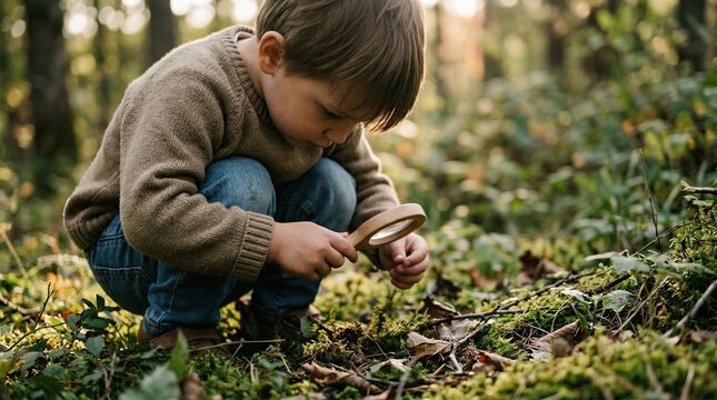 Curious boy with magnifying glass exploring nature child learning about science outdoor education discovery adventure childhood forest moss plants ecology environment