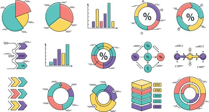 Business Data Visualization Charts and Analytics Infographic Elements Set Featuring Pie Charts, Bar Graphs, Percentage Indicators, Process Flow Diagrams and Statistics Dashboard Graphics