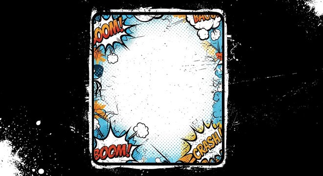 Vibrant comic book style explosion frame with dynamic text
