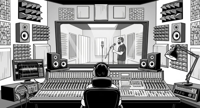 Monochrome illustration of a recording studio control room with mixing console.