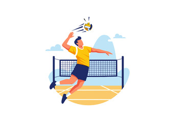 Fototapeta premium Male volleyball player jumps to spike a ball over the net on an outdoor court illustration
