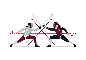 Fototapeta premium Two fencers in protective masks and suits engaged in a dynamic sword fight on a white background with abstract lines.