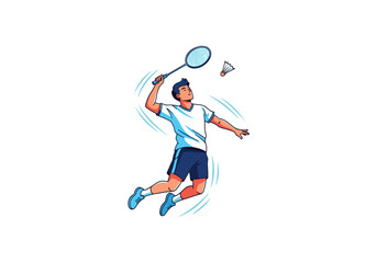 Fototapeta premium Energetic male athlete jumping to hit a shuttlecock with a badminton racket during a game
