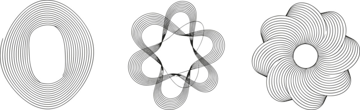 Vector illustration of abstract geometric line patterns with concentric loops and floral symmetry in decorative design