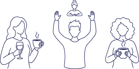 Vector illustration of faceless people in minimalist line art holding drinks and engaging in expressive social activities © Creative Stoker