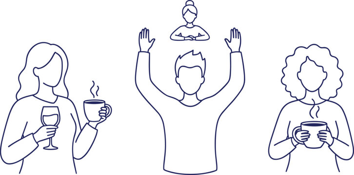 Vector illustration of faceless people in minimalist line art holding drinks and engaging in expressive social activities