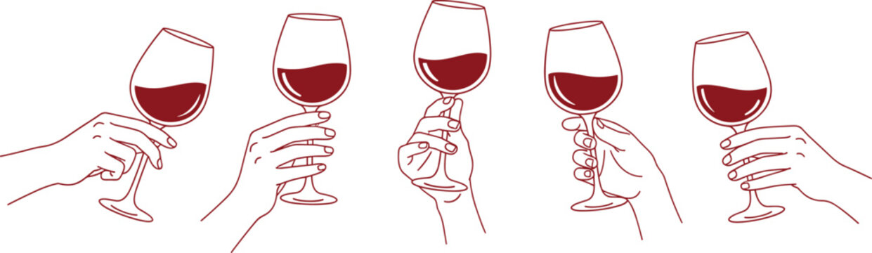 Vector illustration of hands holding wine glasses in minimalist line art celebrating festive toast and social gatherings