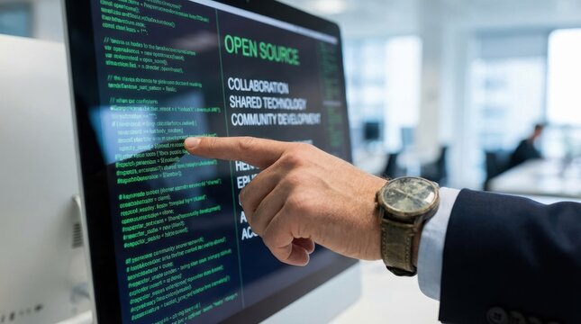 Closeup Businessman Hand pointing at Open Source code, representing collaborative development, shared technology, community software, and transparency.