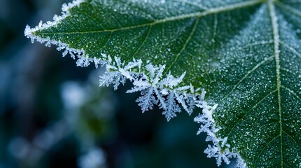 Obraz premium A close-up of a frosty green leaf with intricate ice crystals on its edge