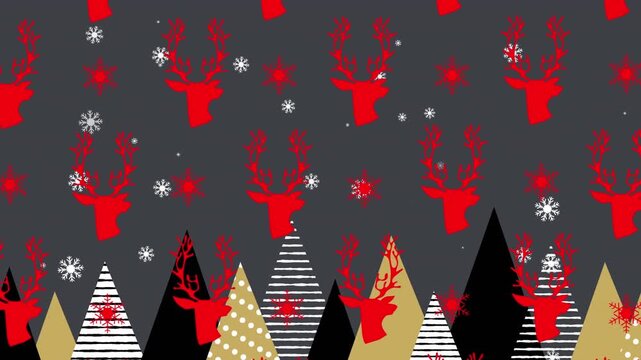 Christmas tree and snowflakes falling over reindeer and snowflakes icons in seamless pattern