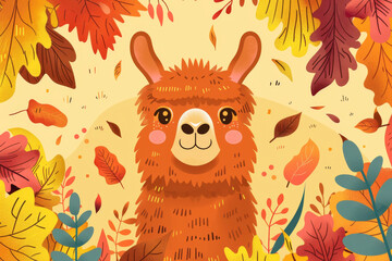 Fototapeta premium Friendly Forest Creature, Vivid Image Of Happy Alpaca Surrounded By Scattered Leaves And Warm Forest Glow
