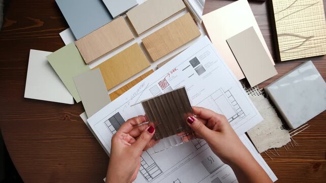 Interior design process with layout plan, drawings and material samples on desk in Dubai