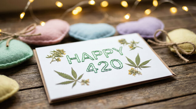 Happy 420 greeting card cannabis leaf spring flower rustic wood background cozy pastel heart light garland festive mood