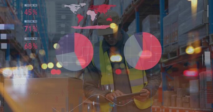 Statistical data processing against caucasian male worker checking stock at warehouse