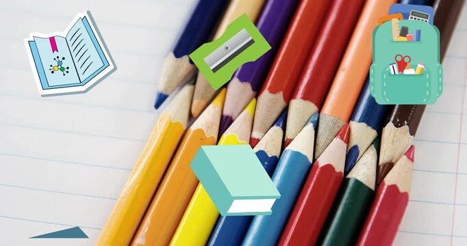 Animation of schoolbag and school equipment moving over coloured pencils on notebook