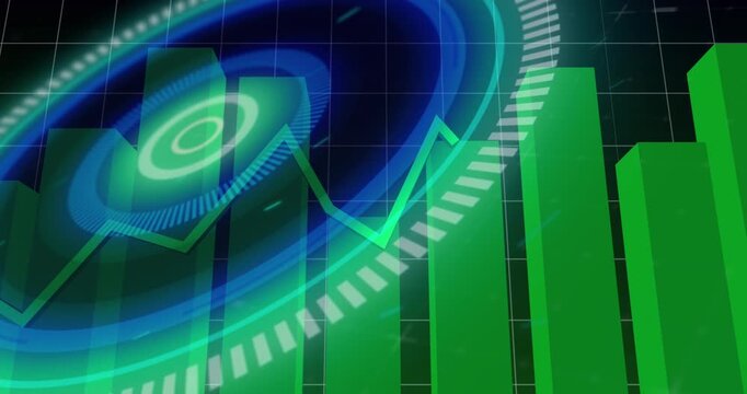 Digital animation of purple abstract shapes over neon blue circles against brick wall