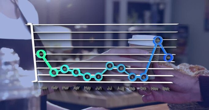 Animation of statistical data processing over mid section of male waiter serving coffee at a cafe