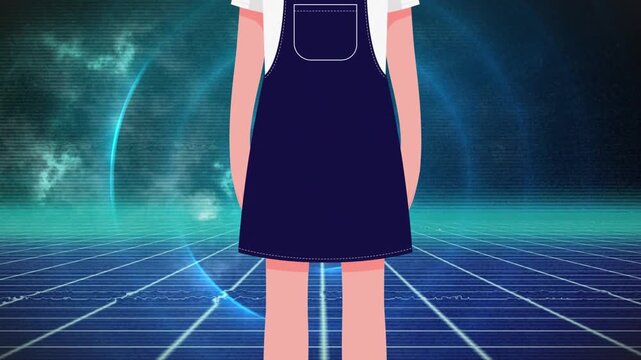 Animation of girl with face mask icon over moving shapes