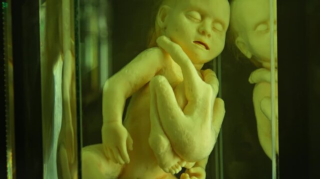 A human infant body with the pathological development of anencephaly in the water.