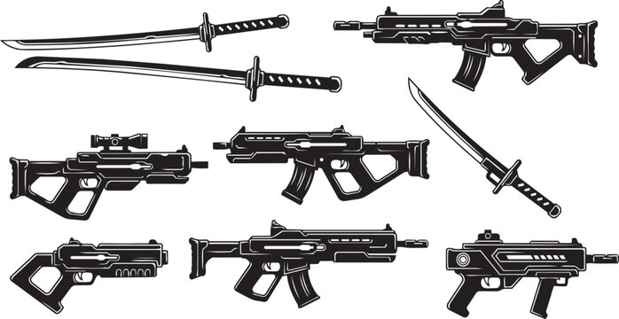 Cyberpunk Energy Katana and Pulse Rifle Weapons