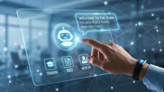 Digital employee onboarding buddy system with a new hire's hand being greeted by a virtual buddy avatar offering help and resources.