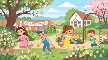 Fototapeta premium Illustration of four children in a colorful spring garden with flowers, trees, and a house, celebrating Easter with baskets and bunny ears.