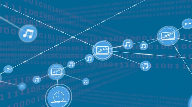 Animation of network of connections with icons and binary coding data processing