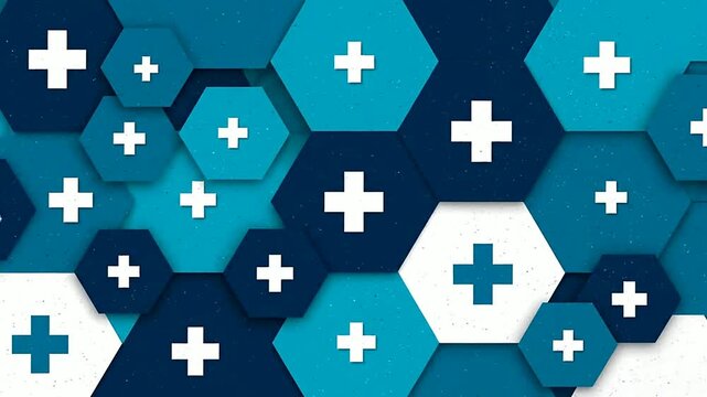 Close up of white plus signs on blue shapes rotating in a pattern or Close up of plus shapes tiled on a surface rotating in studio