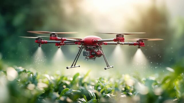 60 FPS Red agricultural spraying drone hovering low over green crop rows releasing pesticide mist
