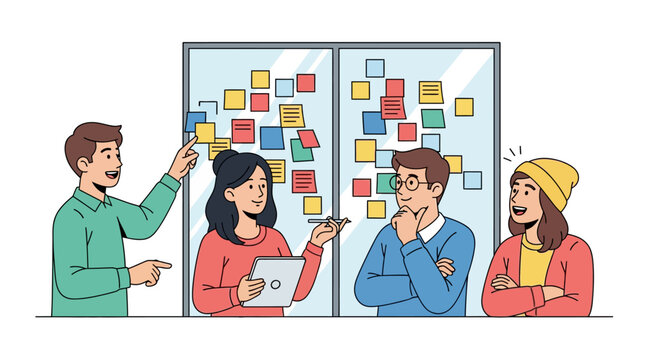 Team Discussing Project Goals Using Sticky Notes