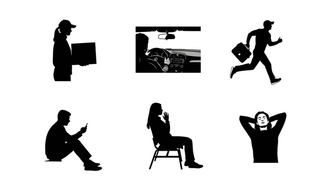 People in various stressed and anxious poses and activities in black silhouettes on white background
