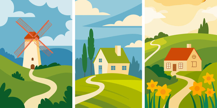Cartoon landscape with houses and windmill