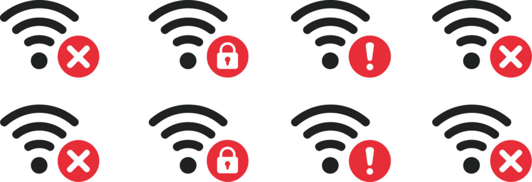 Wi-Fi problem icon set, disconnected wireless network symbol, no internet signal warning, lost connection alert, network outage indicator, minimal flat vector graphic, connectivity issue sign.