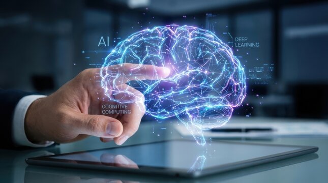 Closeup Businessman Hand interacting with virtual neuro network, representing deep learning, AI brain, cognitive computing, and futuristic data processing.