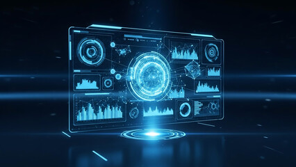 Fototapeta premium Futuristic Digital Interface with Glowing Blue Data Visualizations and Charts