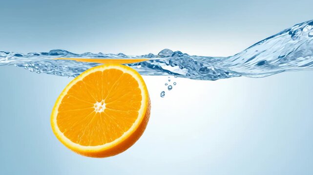 Orange slice splashing into clear water with bubbles and ripples on blue background 60 FPS