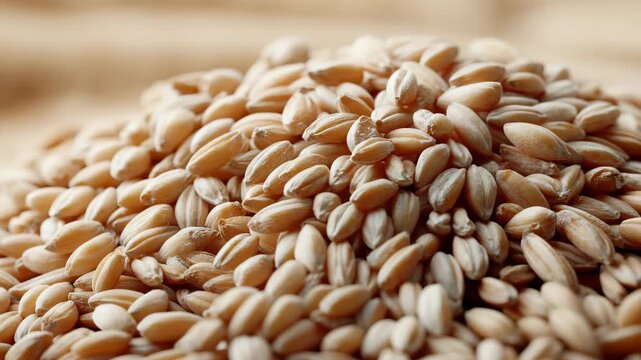 Macro push in over pile of raw wheat grains with shallow depth of field warm light 60 FPS