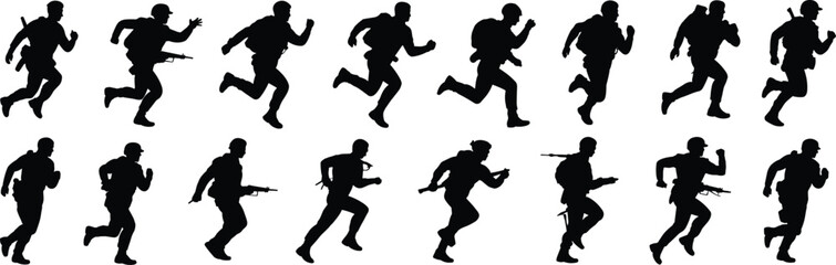 Fototapeta premium Dynamic silhouettes of armed soldiers running in sequence with rifles and backpacks, military motion illustration concept for training, simulation, animation, tactical design, and defense visuals.