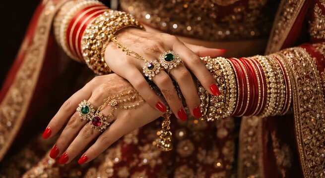 Indian bride hands adjusting bridal jewelry with mehndi and red nail polish close up wedding fashion beauty tradition culture festive advertisement use