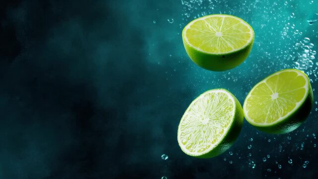 Lime halves sinking and rotating underwater with rising bubbles on teal background 60 FPS