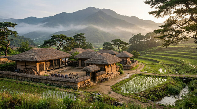 Authentic 1500s Joseon Dynasty Korean Countryside Village with Thatch Roofs and Misty Mountains - High Resolution