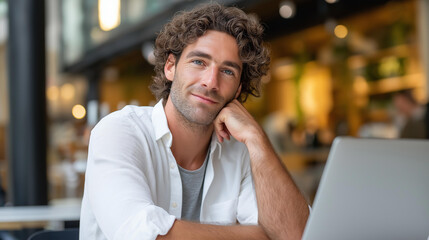Obraz premium Happy man sitting in a café working on a laptop with a relaxed expression, digital nomad and remote work lifestyle concept, defocused background, with copy space