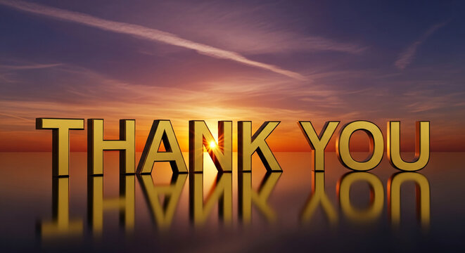 Golden "Thank You" text against sky with sunburst, suggesting gratitude and appreciation. Suitable for thankfulness concepts and celebrations