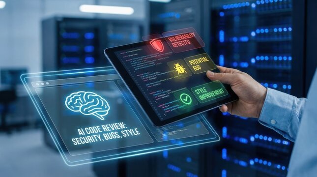 Generative AI for code review with a hand submitting code that is analyzed by an AI for security vulnerabilities, bugs, and style improvements.