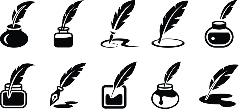Quill pen illustration, ink bottle vector, assorted classic designs, vintage writing instruments, calligraphy and creative writing symbol, clean flat vector style.