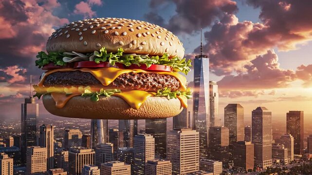 A giant cheeseburger floats above a cityscape at sunset with skyscrapers and cloudy sky