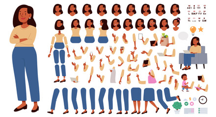Black woman. A set of arms, legs, head, body positions, and expressions for character creation and animation. DIY kit. Vector illustration in a flat style